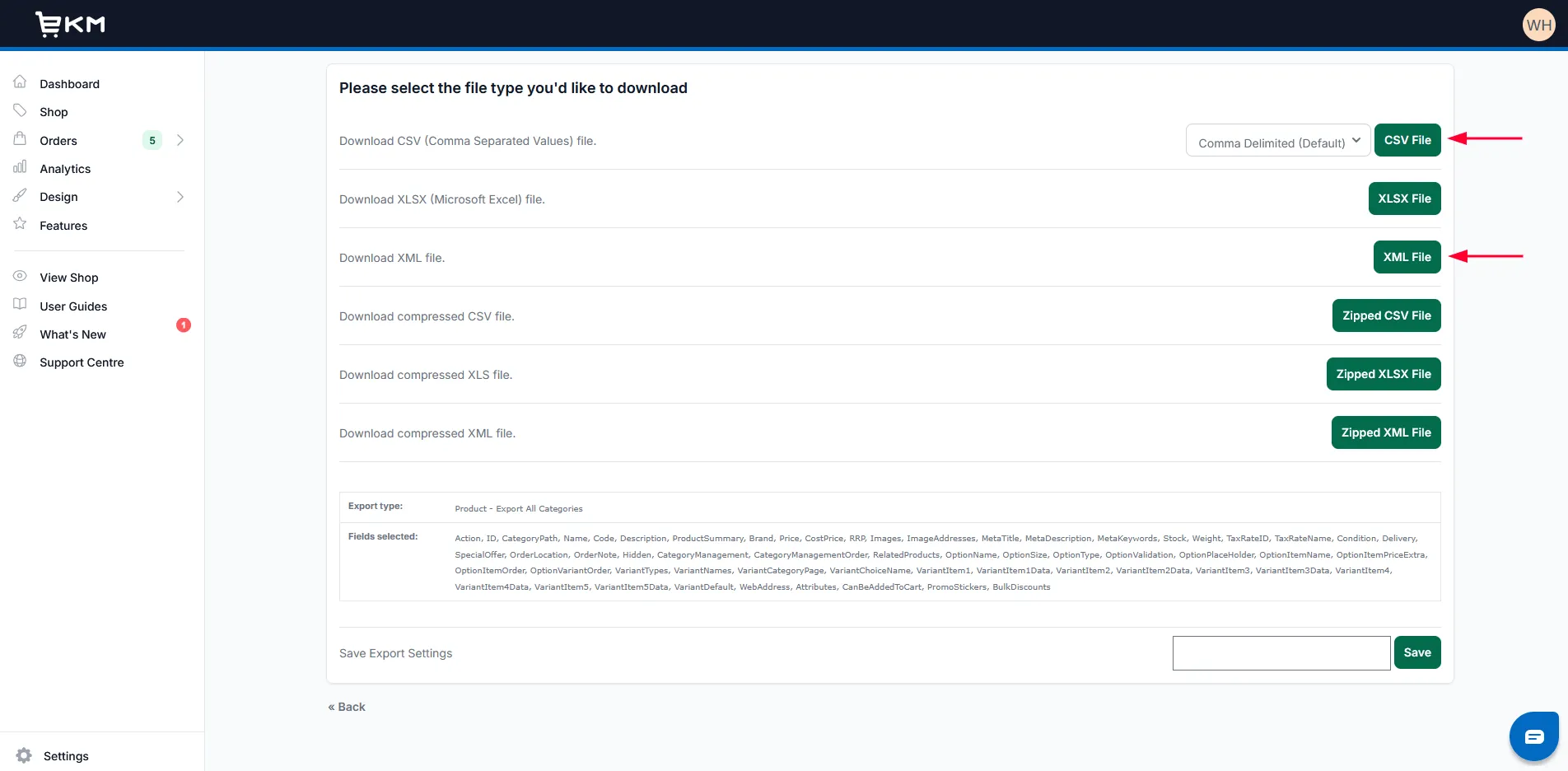 EKM Export – XML and CSV