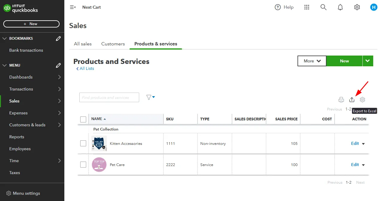 Quickbooks Product Export