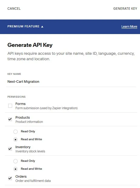 Squarespace API permissions
