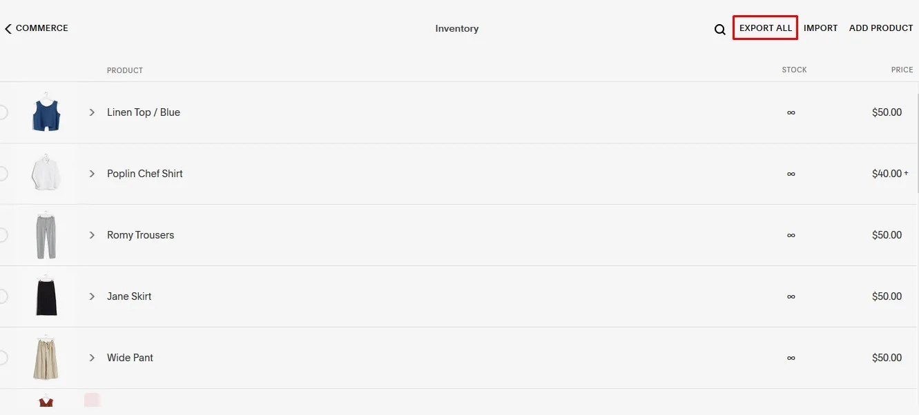 Squarespace Export Products
