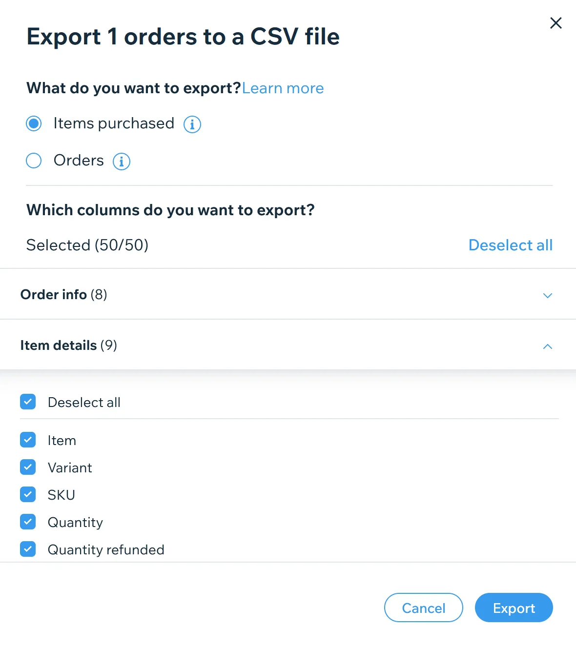 Wix Export Orders