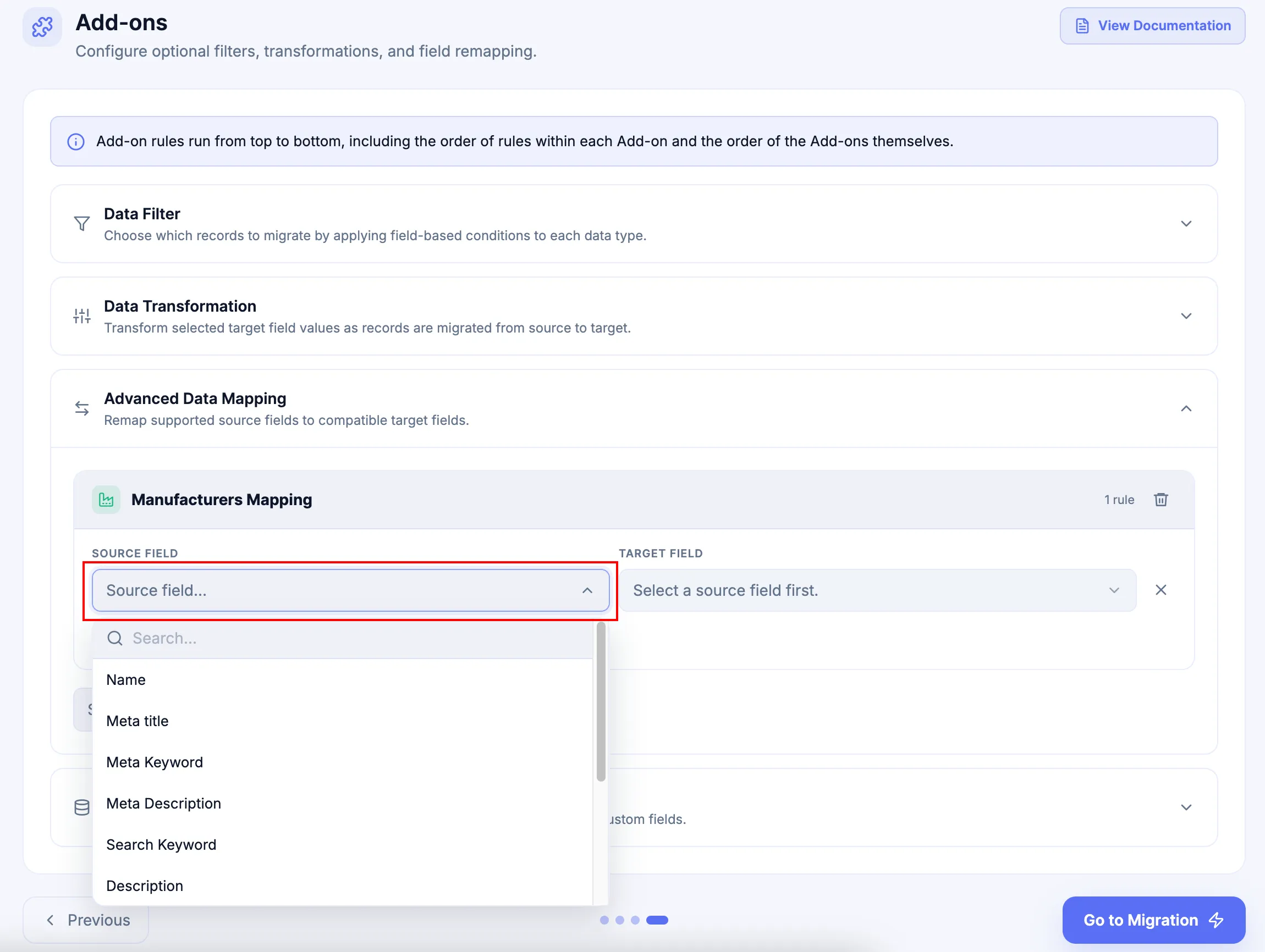 Select the source field for Advanced Data Mapping